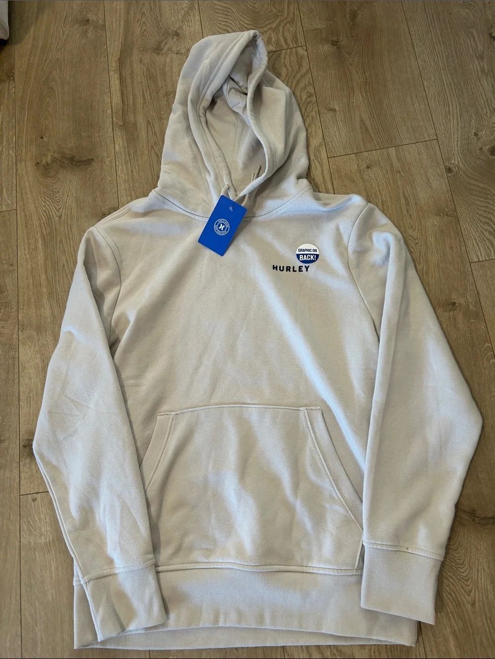 Hurley Beige Hoodie with Kangaroo pockets Palm screen print, Medium, NWT
